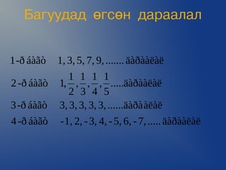 Áàãóóäàä ºãñºí äàðààëàë


1 -ð áàãò   1, 3, 5, 7, 9, ....... äàðààëàë
               1 1 1 1
2 -ð áàãò   1, , , , .....äàðààëàë
               2 3 4 5
3 -ð áàãò   3, 3, 3, 3, 3, ......äàðà àëàë
4 -ð áàãò   - 1, 2, - 3, 4, - 5, 6, - 7, ..... äàðààëàë
 