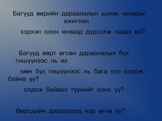 Áàãóóä ººðèéí äàðààëàëûí øèíæ ÷àíàðûã
                   àæèãëàí
      õýðõýí îëîí ÿíçààð ä¿ðñýëæ ÷àäàõ âý?


v
     Áàãóóä ººðò ºãñºí äàðààëàëûí á¿õ
    ãèø¿¿íýýñ íü èõ
   ìºí á¿õ ãèø¿¿íýýñ íü áàãà òîî îëäîæ
áàéíà óó?
       îëäîæ áàéâàë ò¿¿íèéã îëíî óó?


v
    ªºðñäèéí äàðààëàëä íýð ºãíº ¿¿?
 