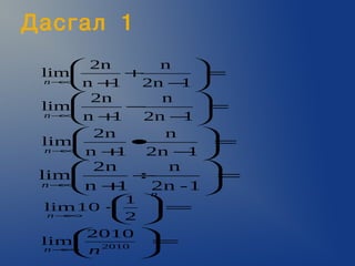 Äàñãàë 1
      2n      n   
 lim       +      =
   ∞ n + 1   2n − 
                 1
 n−
     
      2n      n   
 lim       −      =
    ∞ n + 1  2n − 
                 1
 n−
     
      2n      n    
 lim       •       =
    ∞ n + 1 2n − 1
  n−
     
     2n     n    
 lim     ÷       =
   ∞ n +
 n−
       1  2n - 1 
           n
          
          1
 lim 10 ⋅  =
  n−∞     2
          
     2010 
 lim 2010  =
   ∞ n
 n−
           
 