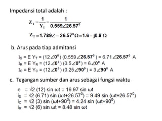 Impedansi total adalah :
b. Arus pada tiap admitansi
c. Tegangan sumber dan arus sebagai fungsi waktu
 