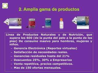 Línea de Productos Naturales y de Nutrición, que supera los 600 (de la punta del pelo a la punta de los pies) De consumo masivo para hombres, mujeres y niños.Gerencia Electrónica (Reportes virtuales)
