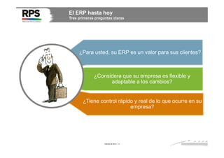El ERP hasta hoy
Tres primeras preguntas claras

¿Para usted, su ERP es un valor para sus clientes?

¿Considera que su empresa es flexible y
adaptable a los cambios?

¿Tiene control rápido y real de lo que ocurre en su
empresa?

Febrero de 2014 / 11

 