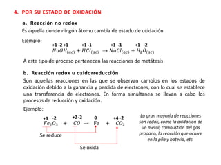 4. POR SU ESTADO DE OXIDACIÓN
a. Reacción no redox
Es aquella donde ningún átomo cambia de estado de oxidación.
𝑁𝑎𝑂𝐻(𝑎𝑐) + 𝐻𝐶𝑙(𝑎𝑐) → 𝑁𝑎𝐶𝑙(𝑎𝑐) + 𝐻2 𝑂(𝑎𝑐)
Ejemplo:
+1 -2 +1 +1 -1 +1 -1 +1 -2
A este tipo de proceso pertenecen las reacciones de metátesis
b. Reacción redox u oxidorreducción
Son aquellas reacciones en las que se observan cambios en los estados de
oxidación debido a la ganancia y perdida de electrones, con lo cual se establece
una transferencia de electrones. En forma simultanea se llevan a cabo los
procesos de reducción y oxidación.
Ejemplo:
𝐹𝑒2 𝑂3 + 𝐶𝑂 → Fe + 𝐶𝑂2
+3 -2 +2 -2 0 +4 -2
Se reduce
Se oxida
La gran mayoría de reacciones
son redox, como la oxidación de
un metal, combustión del gas
propano, la reacción que ocurre
en la pila y batería, etc.
 