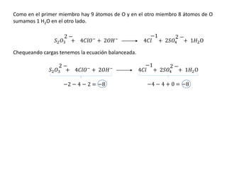 Como en el primer miembro hay 9 átomos de O y en el otro miembro 8 átomos de O
sumamos 1 H2O en el otro lado.
𝑆2 𝑂3 + 4𝐶𝑙𝑂−
+ 2𝑂𝐻−
4𝐶𝑙 + 2𝑆𝑂4
2 −2 −
+ 1𝐻2O
−1
𝑆2 𝑂3 + 4𝐶𝑙𝑂−
+ 2𝑂𝐻−
4𝐶𝑙 + 2𝑆𝑂4
2 −2 −
+ 1𝐻2O
−1
Chequeando cargas tenemos la ecuación balanceada.
−2 − 4 − 2 = −8 −4 − 4 + 0 = −8
 