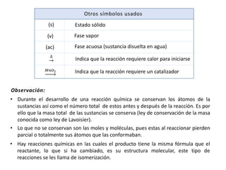 Otros símbolos usados
(s)
(v)
(ac)
՜
∆
𝑀𝑛𝑂2
Estado sólido
Fase vapor
Fase acuosa (sustancia disuelta en agua)
Indica que la reacción requiere calor para iniciarse
Indica que la reacción requiere un catalizador
• Durante el desarrollo de una reacción química se conservan los átomos de la
sustancias así como el número total de estos antes y después de la reacción. Es por
ello que la masa total de las sustancias se conserva (ley de conservación de la masa
conocida como ley de Lavoisier).
• Hay reacciones químicas en las cuales el producto tiene la misma fórmula que el
reactante, lo que si ha cambiado, es su estructura molecular, este tipo de
reacciones se les llama de isomerización.
Observación:
• Lo que no se conservan son las moles y moléculas, pues estas al reaccionar pierden
parcial o totalmente sus átomos que las conformaban.
 