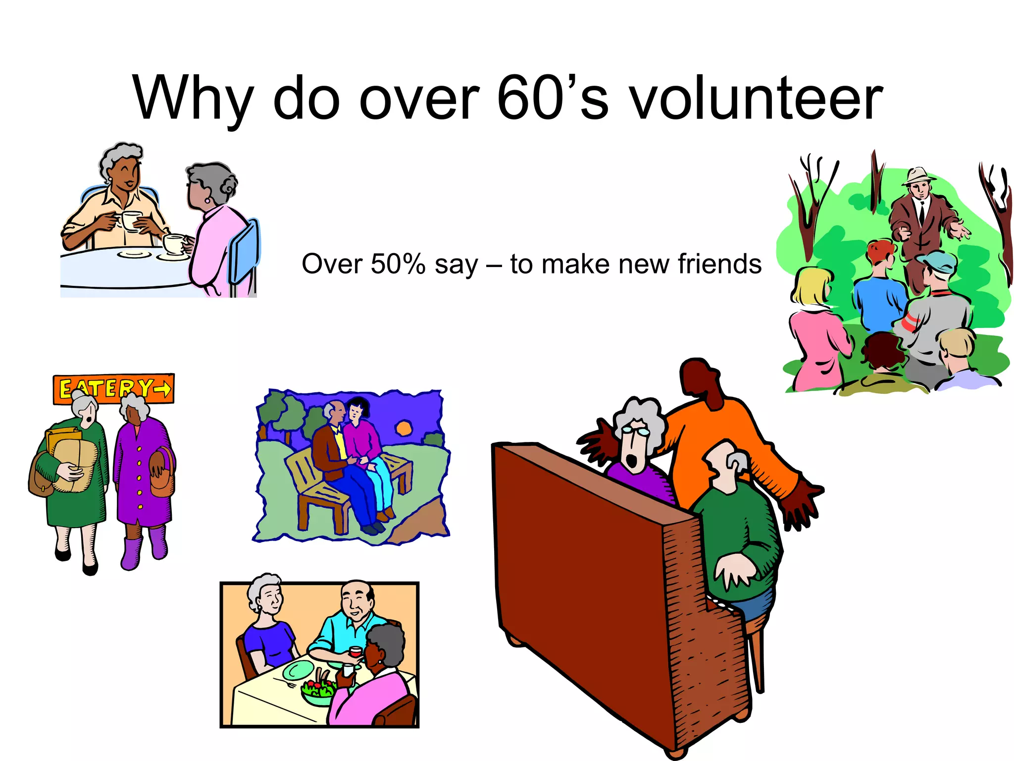 Why do over 60’s volunteer

     Over 50% say – to make new friends
 