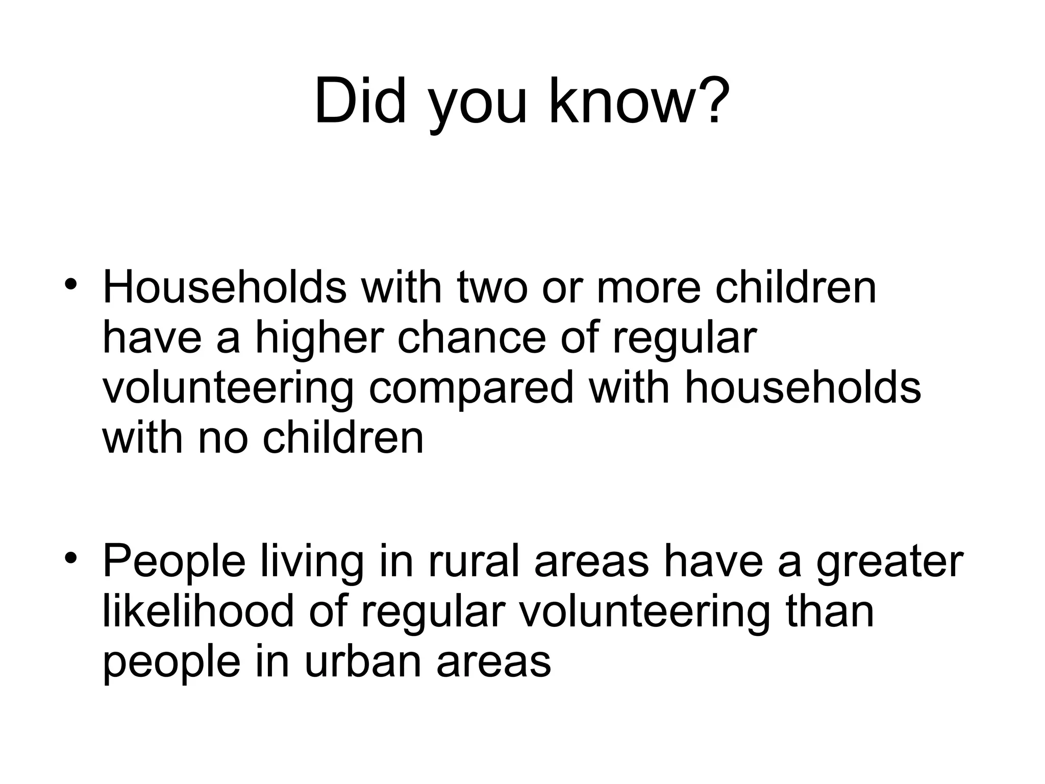Did you know?

• Households with two or more children
  have a higher chance of regular
  volunteering compared with households
  with no children

• People living in rural areas have a greater
  likelihood of regular volunteering than
  people in urban areas
 