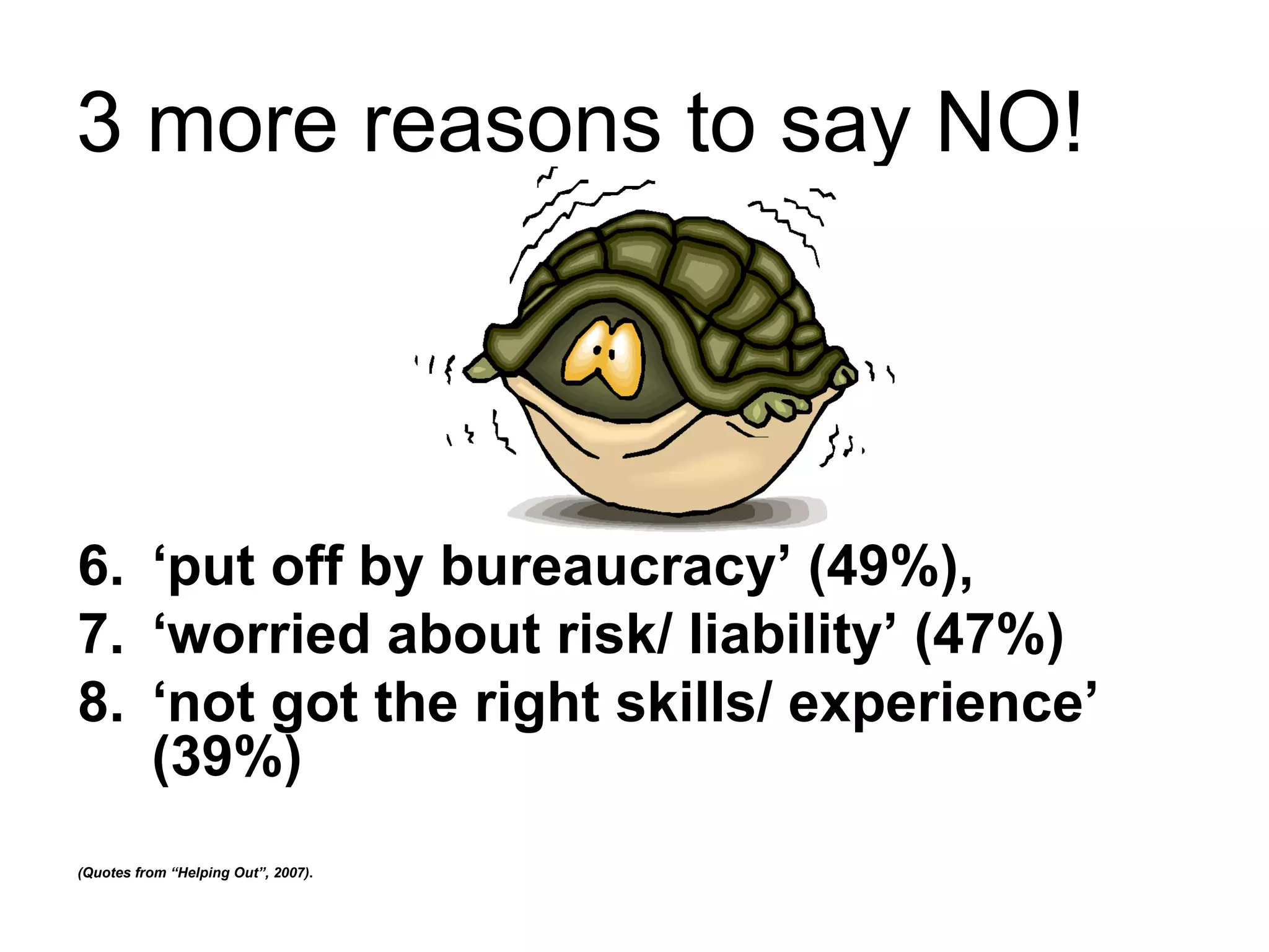3 more reasons to say NO!




6. ‘put off by bureaucracy’ (49%),
7. ‘worried about risk/ liability’ (47%)
8. ‘not got the right skills/ experience’
   (39%)
(Quotes from “Helping Out”, 2007).
 