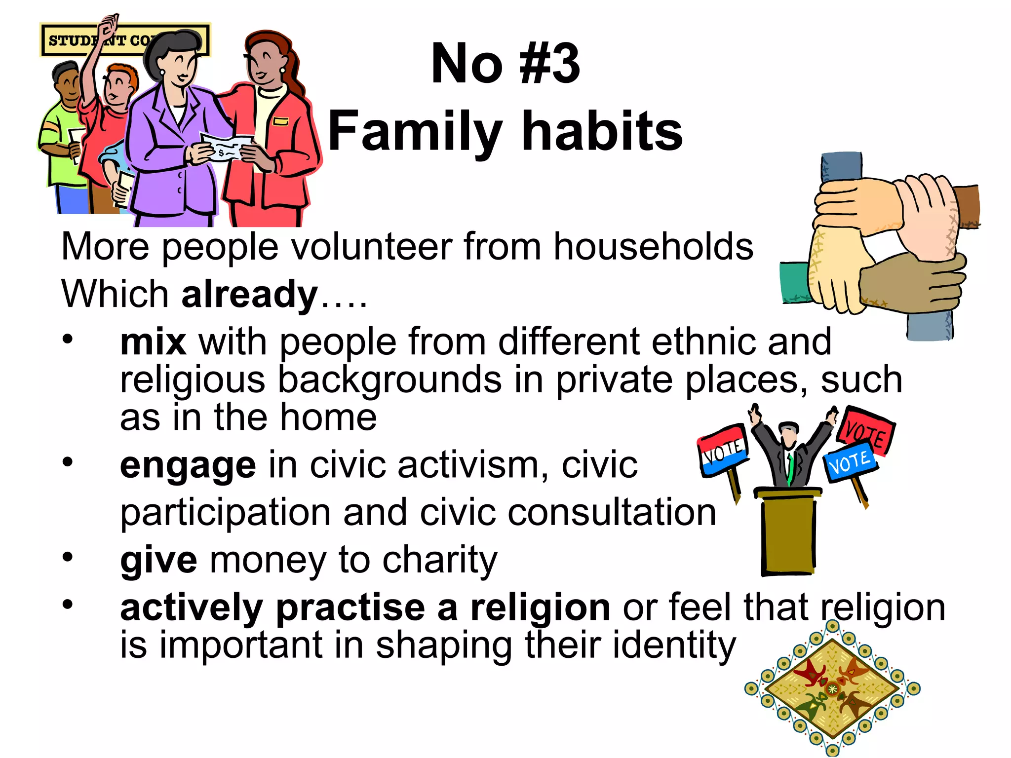 No #3
               Family habits
More people volunteer from households
Which already….
• mix with people from different ethnic and
  religious backgrounds in private places, such
  as in the home
• engage in civic activism, civic
  participation and civic consultation
• give money to charity
• actively practise a religion or feel that religion
  is important in shaping their identity
 