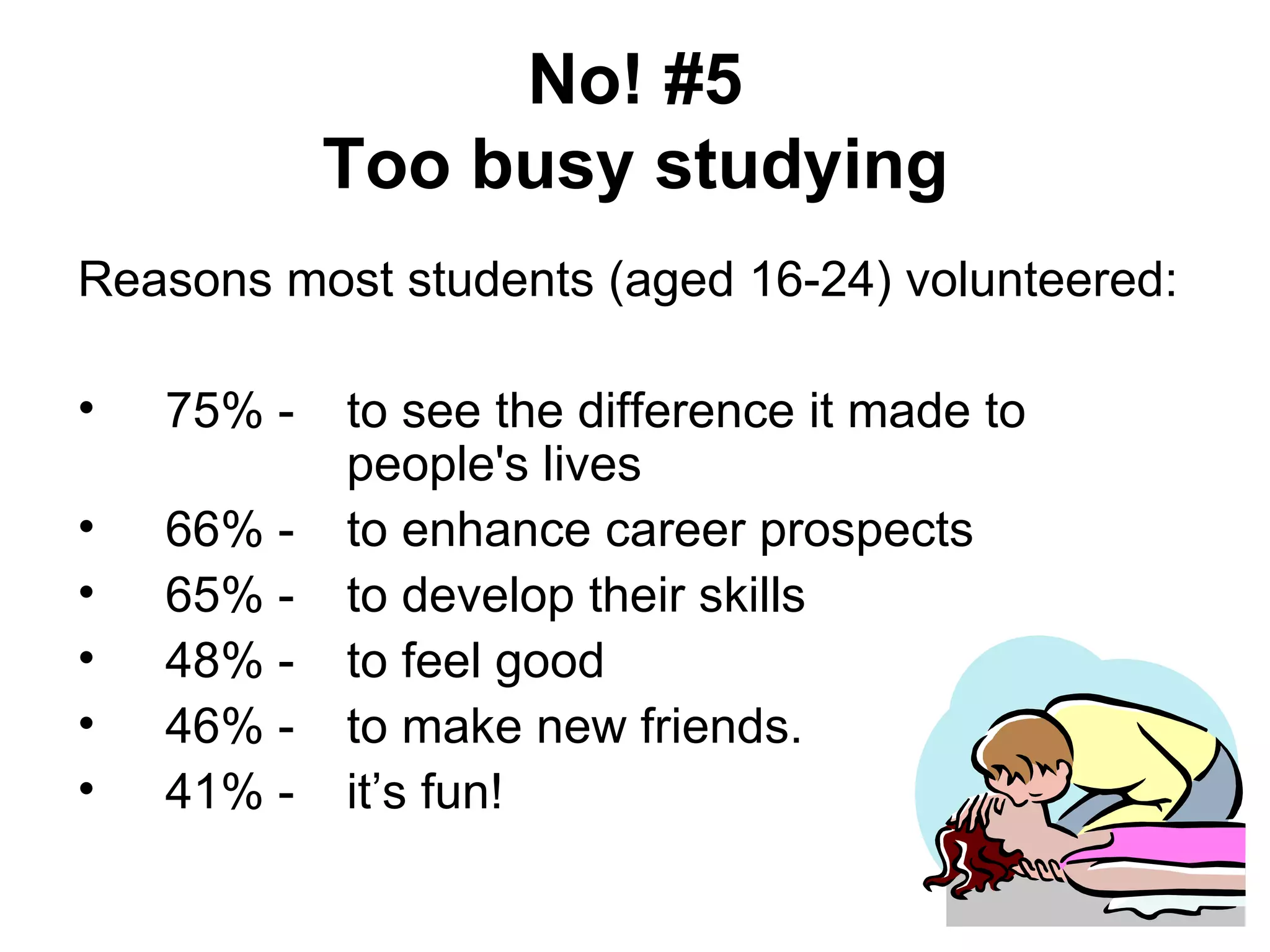 No! #5
            Too busy studying
Reasons most students (aged 16-24) volunteered:

•   75% -   to see the difference it made to
            people's lives
•   66% -   to enhance career prospects
•   65% -   to develop their skills
•   48% -   to feel good
•   46% -   to make new friends.
•   41% -   it’s fun!
 