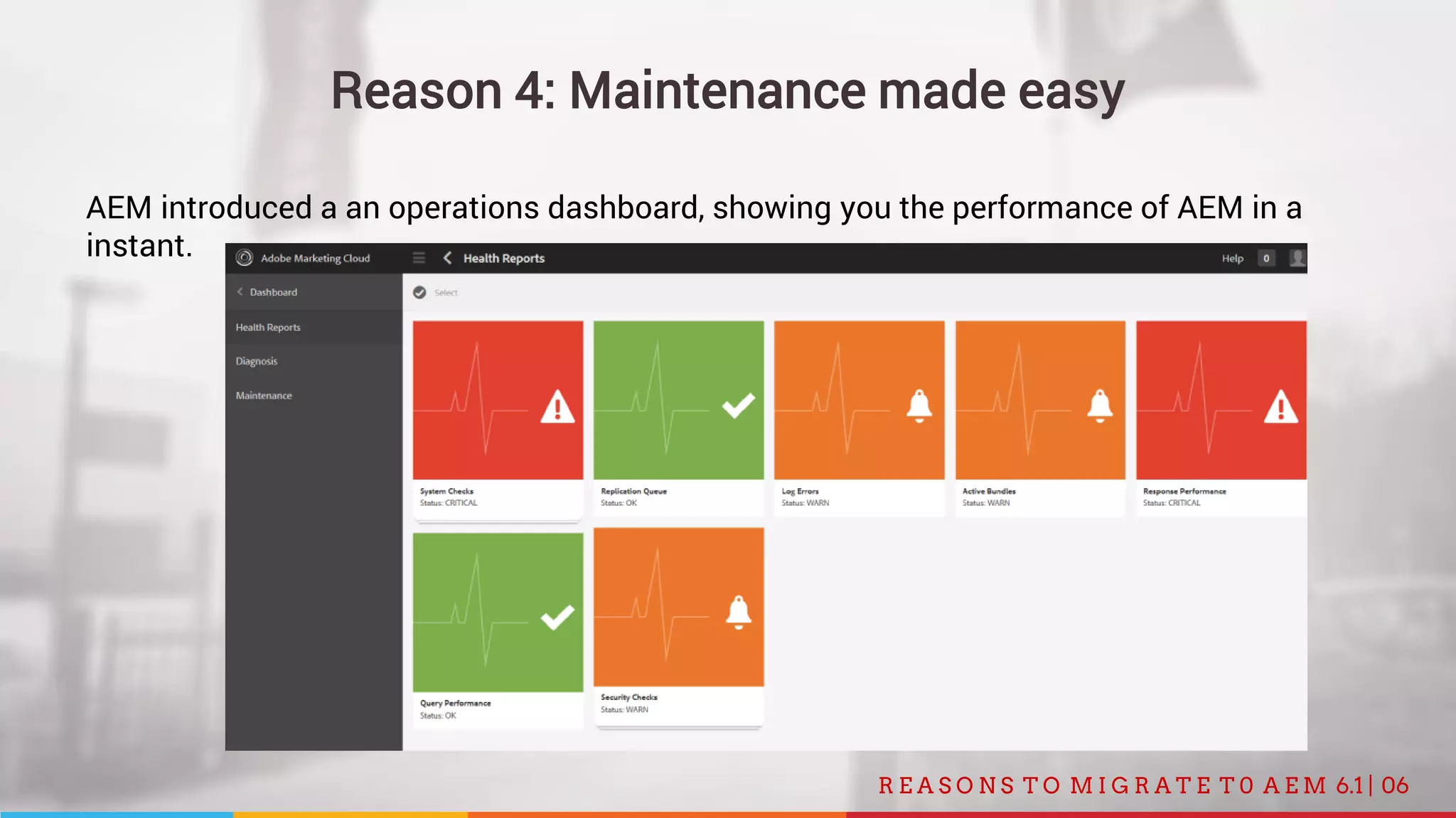 06R E A S O N S T O M I G R A T E T 0 A E M 6.1 |
Reason 4: Maintenance made easy
AEM introduced a an operations dashboard, showing you the performance of AEM in a
instant.
 