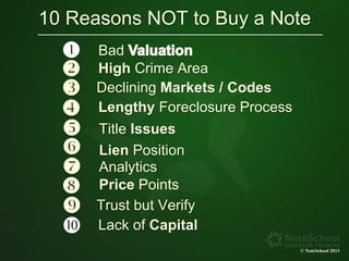 10 Reasons NOT to Buy a Note
© NoteSchool 2013
Bad
v High Crime Area
Declining Markets / Codesw
Lengthy Foreclosure Processx
Title Issuesy
Lien Positionz
Analytics{
Price Points|
Trust but Verify}
Lack of Capital
 