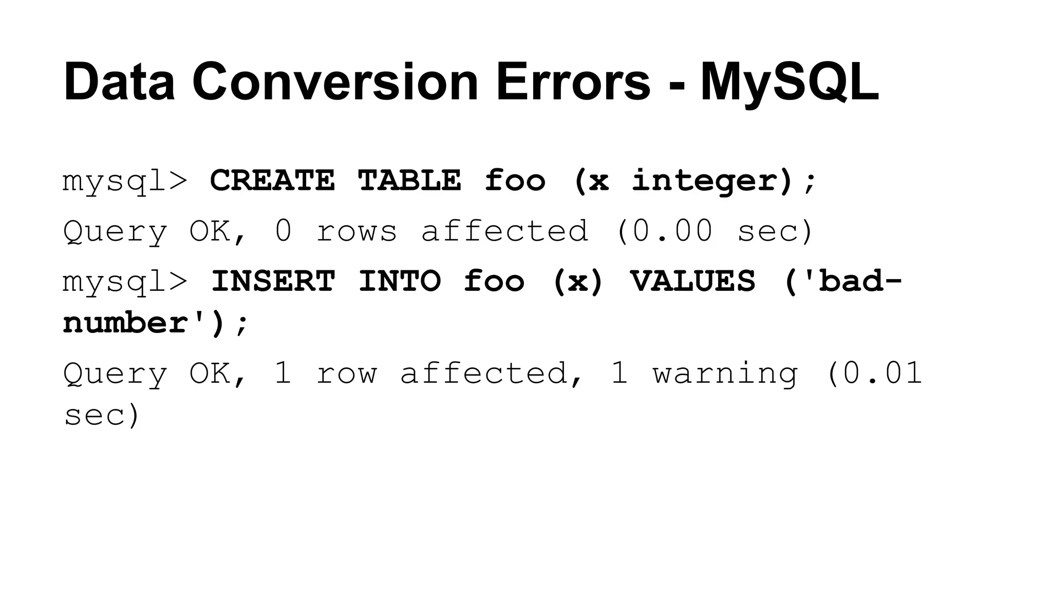Quick Comparison MySQL MyISAM MySQL InnoDB PostgreSQL Transactions No Yes Yes Foreign Key Constraints No Yes Yes Locking Table Row/MVCC Row/MVCC 