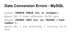 Quick Comparison
MySQL
MyISAM
MySQL
InnoDB
PostgreSQL
Transactions No Yes Yes
Foreign Key
Constraints
No Yes Yes
Locking Table Row/MVCC Row/MVCC
 