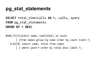 SELECT total_time/calls AS t, calls, query
FROM pg_stat_statements
ORDER BY t DESC
8606.75|3|select name, sum(total) as count
| |from names group by name order by count limit ?;
4.92|8| select name, total from names
| | where year=? order by total desc limit ?;
pg_stat_statements
 