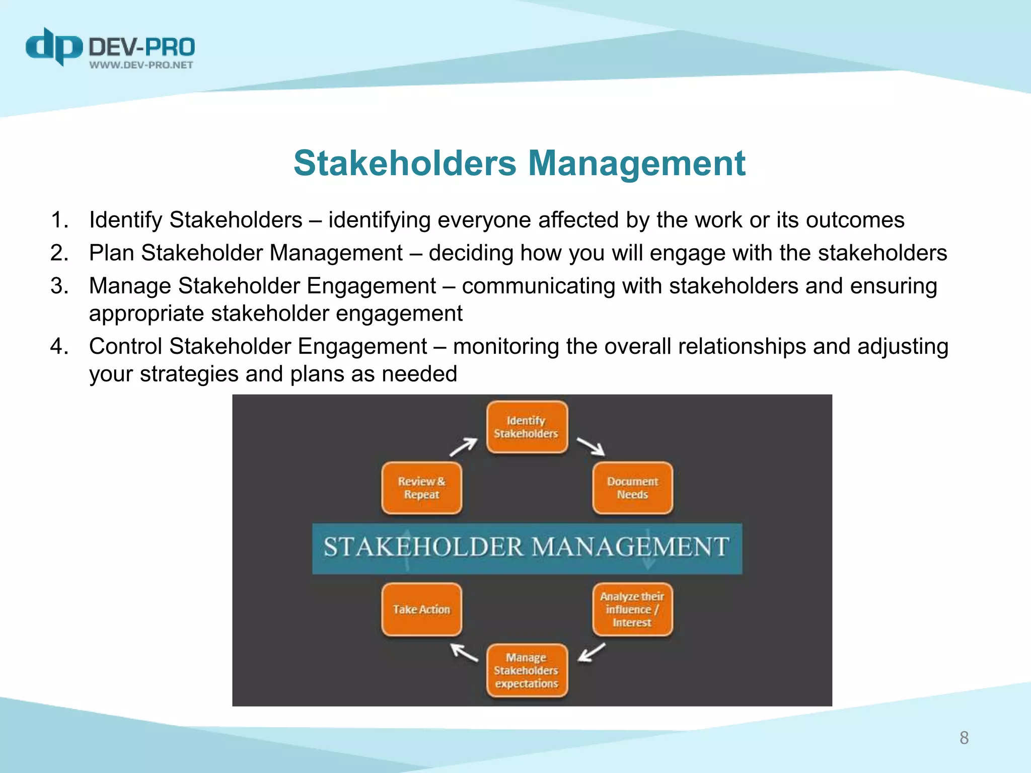 Stakeholders Management
1. Identify Stakeholders – identifying everyone affected by the work or its outcomes
2. Plan Stakeholder Management – deciding how you will engage with the stakeholders
3. Manage Stakeholder Engagement – communicating with stakeholders and ensuring
appropriate stakeholder engagement
4. Control Stakeholder Engagement – monitoring the overall relationships and adjusting
your strategies and plans as needed
8
 