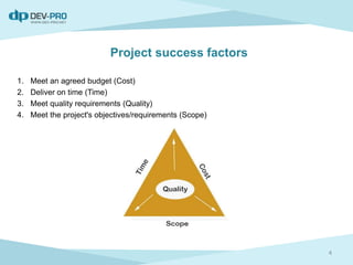 Project success factors
1. Meet an agreed budget (Cost)
2. Deliver on time (Time)
3. Meet quality requirements (Quality)
4. Meet the project's objectives/requirements (Scope)
4
 