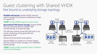 *NEW* Shared VHDX supports online resize.
*NEW* Shared VHDX supports Hyper-V Replica
and host-level backup.
 