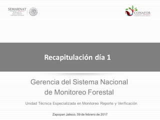Gerencia del Sistema Nacional
de Monitoreo Forestal
Recapitulación	día	1
Zapopan Jalisco, 09 de febrero de 2017
Unidad Técnica Especializada en Monitoreo Reporte y Verificación
 