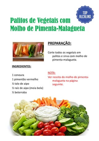 Palitos de Vegetais com
Molho de Pimenta-Malagueta
INGREDIENTES:
PREPARAÇÃO:
Corte todos os vegetais em
palitos e sirva com molho de
pimenta-malagueta.
1 cenoura
1 pimentão vermelho
½ talo de aipo
½ raíz de aipo (meia bola)
½ beterraba
NOTA:
Ver receita do molho de pimenta-
malagueta na página
seguinte.
16
 