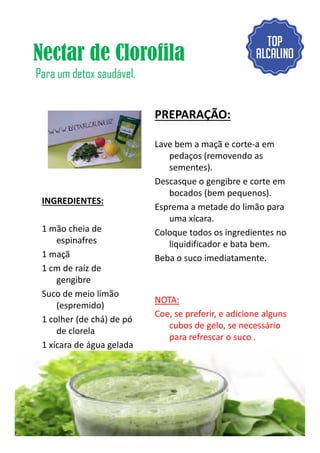 Nectar de Clorofila
Para um detox saudável.
INGREDIENTES:
1 mão cheia de
PREPARAÇÃO:
Lave bem a maçã e corte-a em
pedaços (removendo as
sementes).
Descasque o gengibre e corte em
bocados (bem pequenos).
Esprema a metade do limão para
uma xícara.
Coloque todos os ingredientes no1 mão cheia de
espinafres
1 maçã
1 cm de raíz de
gengibre
Suco de meio limão
(espremido)
1 colher (de chá) de pó
de clorela
1 xícara de água gelada
Coloque todos os ingredientes no
liquidificador e bata bem.
Beba o suco imediatamente.
NOTA:
Coe, se preferir, e adicione alguns
cubos de gelo, se necessário
para refrescar o suco .
8
 