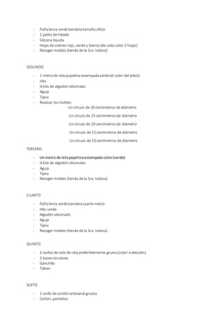 - Pañolency verde banderatamaño oficio
- 1 palito de helado
- Silicona liquida
- Hojas de colores rojo, verde y blanco(de cada color 2 hojas)
- Recoger moldes (tienda de la Sra. Isidora)
SEGUNDO
- 1 metrode tela popelina estampadaverde(el color del árbol)
- Hilo
- ¼ kilo de algodónsiliconado
- Aguja
- Tijera
- Realizar losmoldes:
Uncírculo de 30 centimetros de diámetro
Uncírculo de 25 centimetrosde diámetro
Uncírculo de 20 centimetrosde diámetro
Uncírculo de 15 centimetros de diámetro
Uncírculo de 10 centimetros de diámetro
TERCERO
- Un metro de telapopelinaestampadocolor(verde)
- ¼ kilo de algodónsiliconado
- Aguja
- Tijera
- Recoger moldes (tienda de la Sra. Isidora)
CUARTO
- Pañolency verde banderacuarto metro
- Hilo verde
- Algodónsiliconado
- Aguja
- Tijera
- Recoger moldes (tienda de la Sra. Isidora)
QUINTO
- 2 ovillosde cola de rata preferiblemente grueso(color a elección)
- 2 basescirculares
- Ganchillo
- Tijeras
SEXTO
- 1 ovillo de cordónartesanal grueso
- Cartón, periódico
 