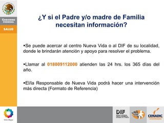 ¿Y si el Padre y/o madre de Familia
necesitan información?
Se puede acercar al centro Nueva Vida o al DIF de su localidad,
donde le brindarán atención y apoyo para resolver el problema.
Llamar al 018009112000 atienden las 24 hrs. los 365 días del
año.
El/la Responsable de Nueva Vida podrá hacer una intervención
más directa (Formato de Referencia)
 