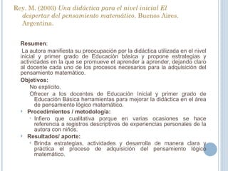 Rey. M. (2003)  Una didáctica para el nivel inicial El despertar del pensamiento matemático.  Buenos Aires. Argentina. Resumen :  La autora manifiesta su preocupación por la didáctica utilizada en el nivel inicial y primer grado de Educación básica y propone estrategias y actividades en la que se promueve el aprender a aprender, dejando claro al docente cada uno de los procesos necesarios para la adquisición del pensamiento matemático. Objetivos: No explícito. Ofrecer a los docentes de Educación Inicial y primer grado de Educación Básica herramientas para mejorar la didáctica en el área de pensamiento lógico matemático. Procedimientos / metodología: Infiero que cualitativa porque en varias ocasiones se hace referencia a registros descriptivos de experiencias personales de la autora con niños.  Resultados/ aporte: Brinda estrategias, actividades y desarrolla de manera clara y práctica el proceso de adquisición del pensamiento lógico matemático. 