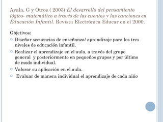Ayala, G y Otros ( 2003)  El desarrollo del pensamiento lógico- matemático   a través de los cuentos y las canciones en Educación Infantil.  Revista Electrónica Educar en el 2000. Objetivos:  Diseñar secuencias de enseñanza/ aprendizaje para los tres niveles de educación infantil. Realizar el aprendizaje en el aula, a través del grupo general  y posteriormente en pequeños grupos y por último de modo individual. Valorar su aplicación en el aula. Evaluar de manera individual el aprendizaje de cada niño 