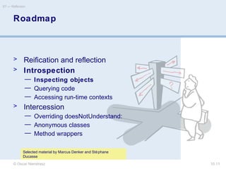 © Oscar Nierstrasz
ST — Reflection
10.11
Roadmap
> Reification and reflection
> Introspection
— Inspecting objects
— Querying code
— Accessing run-time contexts
> Intercession
— Overriding doesNotUnderstand:
— Anonymous classes
— Method wrappers
Selected material by Marcus Denker and Stéphane
Ducasse
 