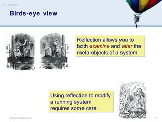 Birds-eye view
© Oscar Nierstrasz
ST — Reflection
1.2
Reflection allows you to
both examine and alter the
meta-objects of a system.
Reflection allows you to
both examine and alter the
meta-objects of a system.
Using reflection to modify
a running system
requires some care.
Using reflection to modify
a running system
requires some care.
 