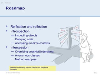 © Oscar Nierstrasz
ST — Reflection
10.3
Roadmap
> Reification and reflection
> Introspection
— Inspecting objects
— Querying code
— Accessing run-time contexts
> Intercession
— Overriding doesNotUnderstand:
— Anonymous classes
— Method wrappers
Selected material by Marcus Denker and Stéphane
Ducasse
 