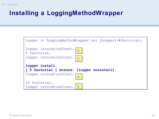 Installing a LoggingMethodWrapper
© Oscar Nierstrasz
ST — Reflection
55
logger := LoggingMethodWrapper on: Integer>>#factorial.
logger invocationCount.
5 factorial.
logger invocationCount.
logger install.
[ 5 factorial ] ensure: [logger uninstall].
logger invocationCount.
10 factorial.
logger invocationCount.
logger := LoggingMethodWrapper on: Integer>>#factorial.
logger invocationCount.
5 factorial.
logger invocationCount.
logger install.
[ 5 factorial ] ensure: [logger uninstall].
logger invocationCount.
10 factorial.
logger invocationCount.
00
00
66
66
 