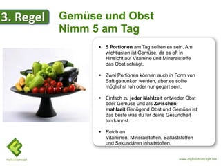 3. Regel   Gemüse und Obst
           Nimm 5 am Tag
                  5 Portionen am Tag sollten es sein. Am
                   wichtigsten ist Gemüse, da es oft in
                   Hinsicht auf Vitamine und Mineralstoffe
                   das Obst schlägt.

                  Zwei Portionen können auch in Form von
                   Saft getrunken werden, aber es sollte
                   möglichst roh oder nur gegart sein.

                  Einfach zu jeder Mahlzeit entweder Obst
                   oder Gemüse und als Zwischen-
                   mahlzeit.Genügend Obst und Gemüse ist
                   das beste was du für deine Gesundheit
                   tun kannst.

                  Reich an
                   Vitaminen, Mineralstoffen, Ballaststoffen
                   und Sekundären Inhaltstoffen.


                                                     www.myfoodconcept.net
 