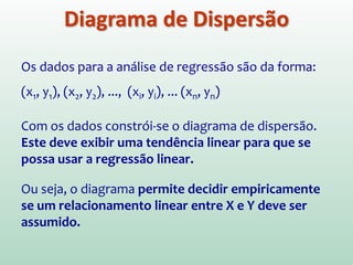 1. Determinar como duas ou mais variáveis se
relacionam.
2. Estimar a função que determina a relação entre
duas variáveis.
3. Usar a equação para projetar/estimar valores da
variável dependente.
Lembrete importante: A existência de uma relação
estatística entre a variável resposta Y e a variável
explicativa X não implica na existência de uma relação
causal entre elas.
Objetivos da Análise de Regressão
 