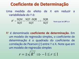 SQTotal = SQModelo + SQResíduos.
Um modo de se saber quão útil será a linha de
regressão para a predição é verificar quanto da SQT
está na SQM e quanto está na SQR.
Idealmente, gostaríamos que SQM fosse muito maior
que SQR.
Gostaríamos, portanto, que fosse próximo de 1.
SQT
SQM
Particionando a Soma dos Quadrados
 