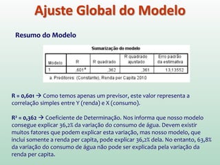 Regressão Simples no SPSS
1. No SPSS, abra o arquivo
“Agua2010_SNIS.sav”
1. Vá em Analisar >
Regressão > Linear
(Analyze > Regression > Linear )
Selecione a variável “dependente” e
“independente”
Existe uma variedade de opções disponíveis, mas
serão exploradas no contexto da regressão múltipla.
 