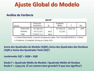 Ajuste Global do Modelo
Resumo do Modelo
R = 0,601  Como temos apenas um previsor, este valor representa a
correlação simples entre Y (renda) e X (consumo).
R2 = 0,362  Coeficiente de Determinação. Nos informa que nosso modelo
consegue explicar 36,2% da variação do consumo de água. Devem existir
muitos fatores que podem explicar esta variação, mas nosso modelo, que
inclui somente a renda per capita, pode explicar 36,2% dela. No entanto, 63,8%
da variação do consumo de água não pode ser explicada pela variação da
renda per capita.
 