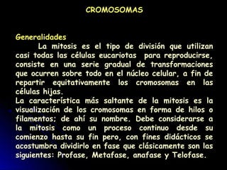 CROMOSOMAS
Generalidades
La mitosis es el tipo de división que utilizan
casi todas las células eucariotas para reproducirse,
consiste en una serie gradual de transformaciones
que ocurren sobre todo en el núcleo celular, a fin de
repartir equitativamente los cromosomas en las
células hijas.
La característica más saltante de la mitosis es la
visualización de los cromosomas en forma de hilos o
filamentos; de ahí su nombre. Debe considerarse a
la mitosis como un proceso continuo desde su
comienzo hasta su fin pero, con fines didácticos se
acostumbra dividirlo en fase que clásicamente son las
siguientes: Profase, Metafase, anafase y Telofase.
 
