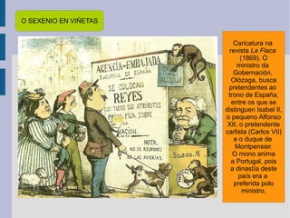 O SEXENIO EN VIÑETAS Caricatura na  revista  La Flaca   (1869). O ministro da  Gobernación,  Olózaga, busca pretendentes ao  trono de España, entre os que se distinguen Isabel II, o pequeno Alfonso XII, o pretendente carlista (Carlos VII) e o duque de  Montpensier. O mono anima a Portugal, pois a dinastía deste país era a  preferida polo ministro. 