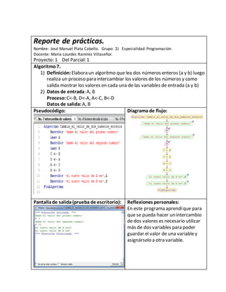 Reporte de prácticas.
Nombre: José Manuel Plata Cabello. Grupo: 2J Especialidad: Programación.
Docente: María Lourdes Ramírez Villaseñor.
Proyecto: 1 Del Parcial: 1
Algoritmo7.
1) Definición: Elabora un algoritmo que lea dos números enteros (a y b) luego
realiza un proceso para intercambiar los valores de los números y como
salida mostrar los valores en cada una de las variables de entrada (a y b)
2) Datos de entrada: A, B
Proceso: C<-B, D<-A, A<-C, B<-D
Datos de salida: A, B
Pseudocódigo: Diagrama de flujo:
Pantallade salida(prueba de escritorio): Reflexiones personales:
En este programa aprendíque para
que se pueda hacer un intercambio
de dos valores es necesario utilizar
más de dos variables para poder
guardar el valor de una variabley
asignárselo a otra variable.
 