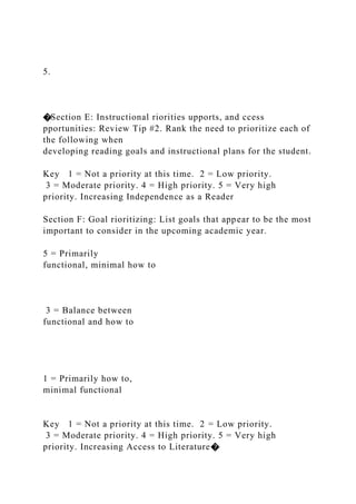 5.
�Section E: Instructional riorities upports, and ccess
pportunities: Review Tip #2. Rank the need to prioritize each of
the following when
developing reading goals and instructional plans for the student.
Key 1 = Not a priority at this time. 2 = Low priority.
3 = Moderate priority. 4 = High priority. 5 = Very high
priority. Increasing Independence as a Reader
Section F: Goal rioritizing: List goals that appear to be the most
important to consider in the upcoming academic year.
5 = Primarily
functional, minimal how to
3 = Balance between
functional and how to
1 = Primarily how to,
minimal functional
Key 1 = Not a priority at this time. 2 = Low priority.
3 = Moderate priority. 4 = High priority. 5 = Very high
priority. Increasing Access to Literature�
 