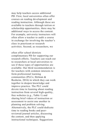 may help teachers access additional
PD. First, local universities often offer
courses on reading development and
reading instruction. Although these are
available to teachers through tuition or
scholarship opportunities, there may be
additional ways to access the content.
For example, university instructors will
often allow a teacher to audit a course
in exchange for involving the teacher’s
class in practicum or research
activities. Second, as researchers, we
often offer school districts
complimentary PD for supporting our
research efforts. Teachers can reach out
to researchers at local universities to
see if these types of opportunities are
available. Our third recommendation is
for teachers with common interests to
form professional learning
communities (PLCs; Helman &
Rosheim, 2016) in which they can work
together to deepen knowledge and
improve practice. The PLC could
devote time to learning about reading
instruction from several high-quality,
free websites (e.g., Table 1) and
sharing brief videos of instruction or
assessment to assist one another in
planning and problem solving.
Alternatively, the PLC could dedicate
time to reading books and peer-
reviewed journal articles, discussing
the content, and then applying
instructional techniques. Suggestions
 
