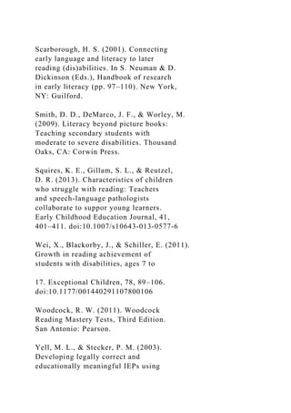 Scarborough, H. S. (2001). Connecting
early language and literacy to later
reading (dis)abilities. In S. Neuman & D.
Dickinson (Eds.), Handbook of research
in early literacy (pp. 97–110). New York,
NY: Guilford.
Smith, D. D., DeMarco, J. F., & Worley, M.
(2009). Literacy beyond picture books:
Teaching secondary students with
moderate to severe disabilities. Thousand
Oaks, CA: Corwin Press.
Squires, K. E., Gillam, S. L., & Reutzel,
D. R. (2013). Characteristics of children
who struggle with reading: Teachers
and speech-language pathologists
collaborate to suppor young learners.
Early Childhood Education Journal, 41,
401–411. doi:10.1007/s10643-013-0577-6
Wei, X., Blackorby, J., & Schiller, E. (2011).
Growth in reading achievement of
students with disabilities, ages 7 to
17. Exceptional Children, 78, 89–106.
doi:10.1177/001440291107800106
Woodcock, R. W. (2011). Woodcock
Reading Mastery Tests, Third Edition.
San Antonio: Pearson.
Yell, M. L., & Stecker, P. M. (2003).
Developing legally correct and
educationally meaningful IEPs using
 
