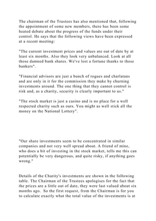 The chairman of the Trustees has also mentioned that, following
the appointment of some new members, there has been some
heated debate about the progress of the funds under their
control. He says that the following views have been expressed
at a recent meeting:
"The current investment prices and values are out of date by at
least six months. Also they look very unbalanced. Look at all
those damned bank shares. We've lost a fortune thanks to those
bankers".
"Financial advisors are just a bunch of rogues and charlatans
and are only in it for the commission they make by churning
investments around. The one thing that they cannot control is
risk and, as a charity, security is clearly important to us."
"The stock market is just a casino and is no place for a well
respected charity such as ours. You might as well stick all the
money on the National Lottery".
"Our share investments seem to be concentrated in similar
companies and not very well spread about. A friend of mine,
who does a bit of investing in the stock market, tells me this can
potentially be very dangerous, and quite risky, if anything goes
wrong."
Details of the Charity's investments are shown in the following
table. The Chairman of the Trustees apologises for the fact that
the prices are a little out of date, they were last valued about six
months ago. So the first request, from the Chairman is for you
to calculate exactly what the total value of the investments is at
 