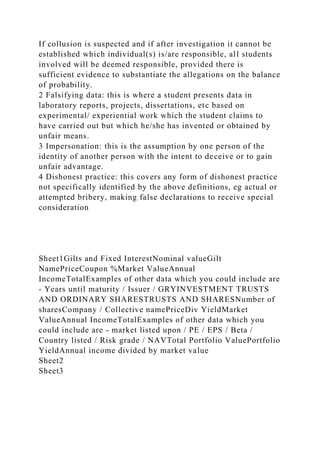 If collusion is suspected and if after investigation it cannot be
established which individual(s) is/are responsible, all students
involved will be deemed responsible, provided there is
sufficient evidence to substantiate the allegations on the balance
of probability.
2 Falsifying data: this is where a student presents data in
laboratory reports, projects, dissertations, etc based on
experimental/ experiential work which the student claims to
have carried out but which he/she has invented or obtained by
unfair means.
3 Impersonation: this is the assumption by one person of the
identity of another person with the intent to deceive or to gain
unfair advantage.
4 Dishonest practice: this covers any form of dishonest practice
not specifically identified by the above definitions, eg actual or
attempted bribery, making false declarations to receive special
consideration
Sheet1Gilts and Fixed InterestNominal valueGilt
NamePriceCoupon %Market ValueAnnual
IncomeTotalExamples of other data which you could include are
- Years until maturity / Issuer / GRYINVESTMENT TRUSTS
AND ORDINARY SHARESTRUSTS AND SHARESNumber of
sharesCompany / Collective namePriceDiv YieldMarket
ValueAnnual IncomeTotalExamples of other data which you
could include are - market listed upon / PE / EPS / Beta /
Country listed / Risk grade / NAVTotal Portfolio ValuePortfolio
YieldAnnual income divided by market value
Sheet2
Sheet3
 