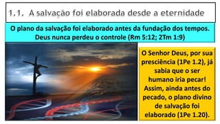 O plano da salvação foi elaborado antes da fundação dos tempos.
Deus nunca perdeu o controle (Rm 5:12; 2Tm 1:9)
O Senhor Deus, por sua
presciência (1Pe 1.2), já
sabia que o ser
humano iria pecar!
Assim, ainda antes do
pecado, o plano divino
de salvação foi
elaborado (1Pe 1.20).
 