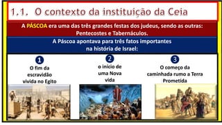 A PÁSCOA era uma das três grandes festas dos judeus, sendo as outras:
Pentecostes e Tabernáculos.
A Páscoa apontava para três fatos importantes
na história de Israel:
❶
O fim da
escravidão
vivida no Egito
❷
o início de
uma Nova
vida
❸
O começo da
caminhada rumo a Terra
Prometida
 