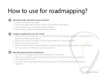 How to use for roadmapping?
1

Identify trends relevant to your business
• What‟s in the media currently?
• What are analy...