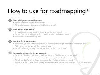 How to use for roadmapping?
1

Start with your current business
• Which customer needs are satisfied?
• What„s the current...